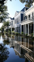 Obraz premium A Clipper's house is submerged in water after a flood, surrounded by American townhouses reflecting on the lake's surface