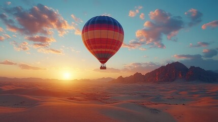 Fototapeta premium Hot air balloon flying over desert at sunset.