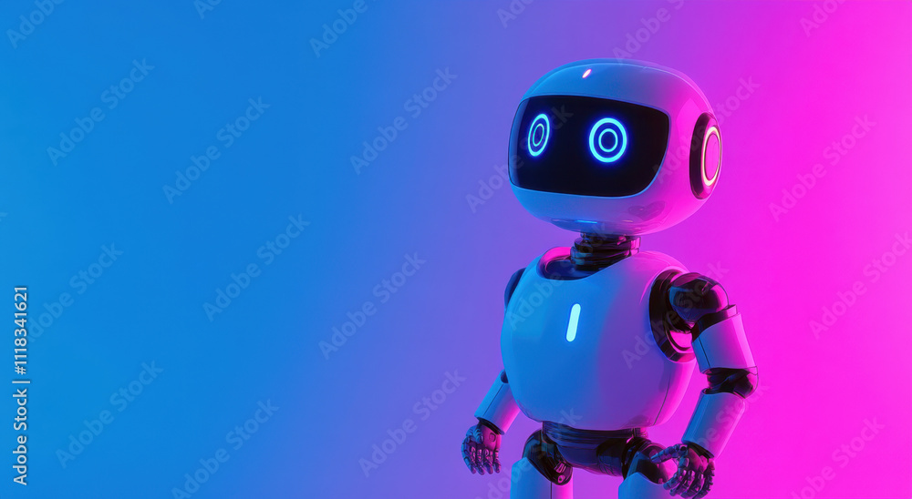 Poster a robot standing on an abstract background with blue and purple shades representing artificial intel