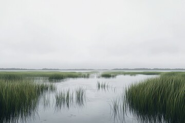 mist over the river and grass on the water surface