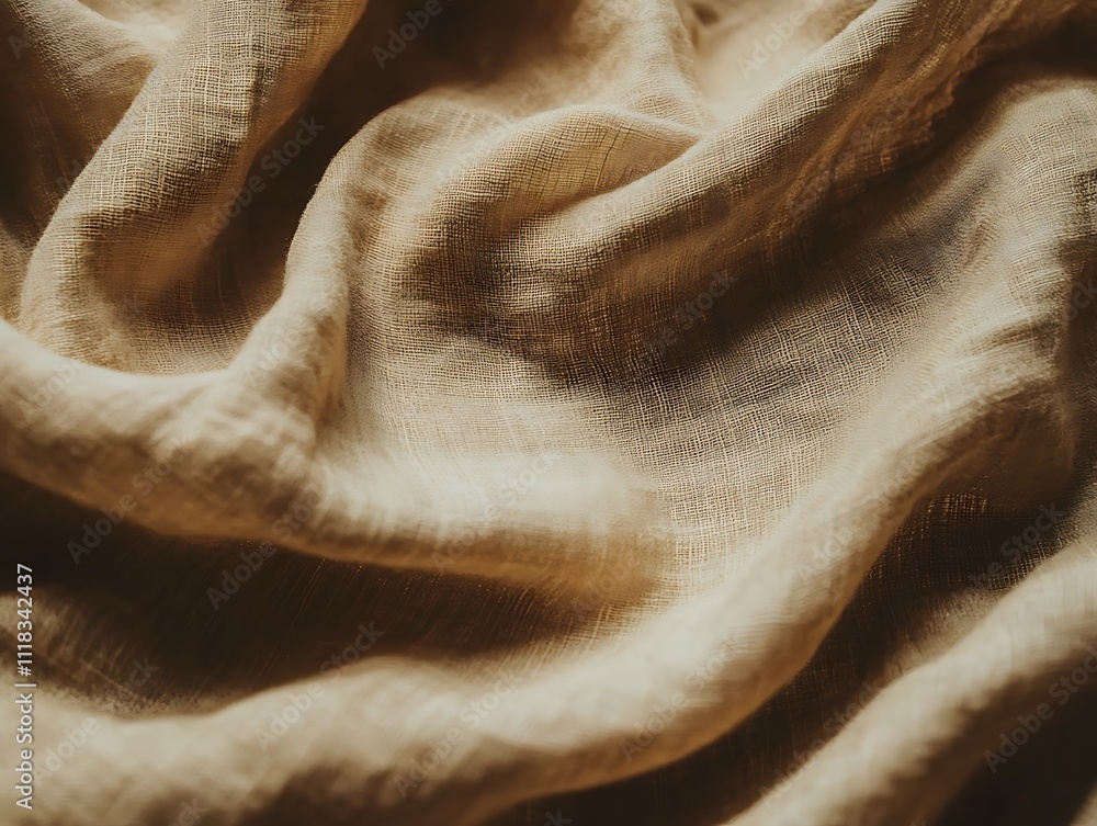 Poster Close-up of beige linen fabric with soft folds and wrinkles, showing texture and drape.