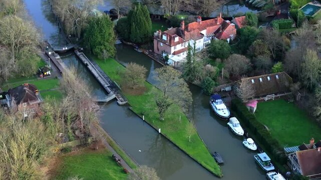 Aerial shot of Hurley on Thames Locks in the English county of Berkshire