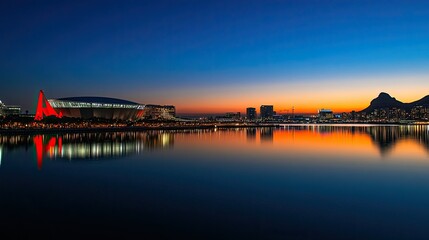 Colorful Sunset Reflection Over City Landscape with Water Body