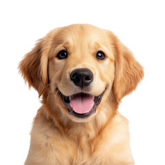 Happy golden retriever smiling and looking. transparent background