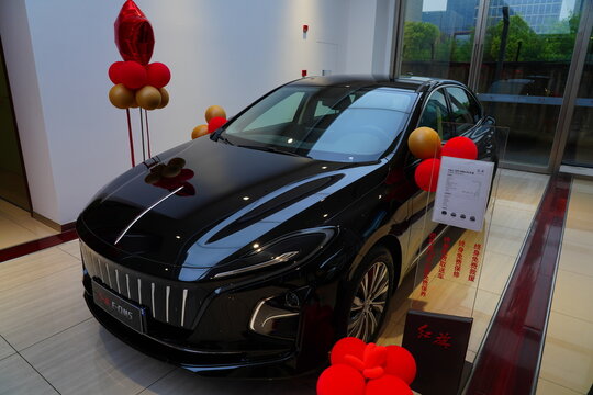 SHANGHAI, CHINA -30 APR 2024- View of luxury electric cars from Chinese automaker Hongqi at a dealership in Shanghai, China.