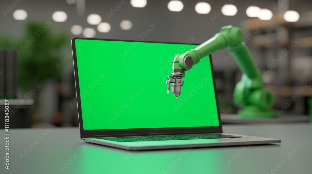 Fototapete An over the shoulder shot of a Robotics Engineer using an IBM laptop computer to view a mock-up display screen using a green screen. A robot arm holds a microchip. The automation startup's R&D