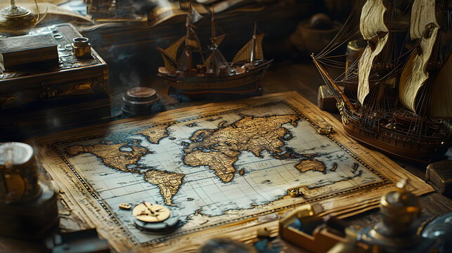 Detailed antique world map with miniature ships and navigational tools set in an old study