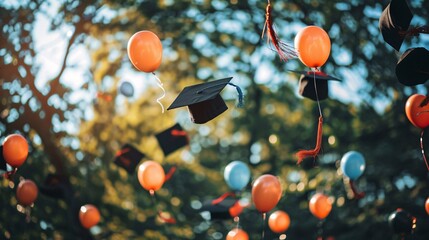 Floating graduation caps and mortar boards against a vibrant colorful sky backdrop symbolizing the achievement joy and of graduates