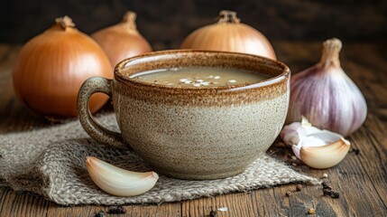 Creamy Soup in Rustic Bowl Surrounded by Onions and Garlic