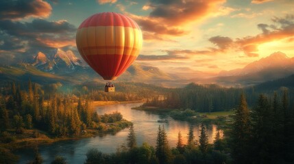 Obraz premium Hot air balloon soaring over a scenic river valley at sunset.