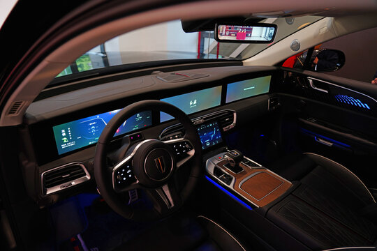 SHANGHAI, CHINA -30 APR 2024- View of luxury electric cars from Chinese automaker Hongqi at a dealership in Shanghai, China.