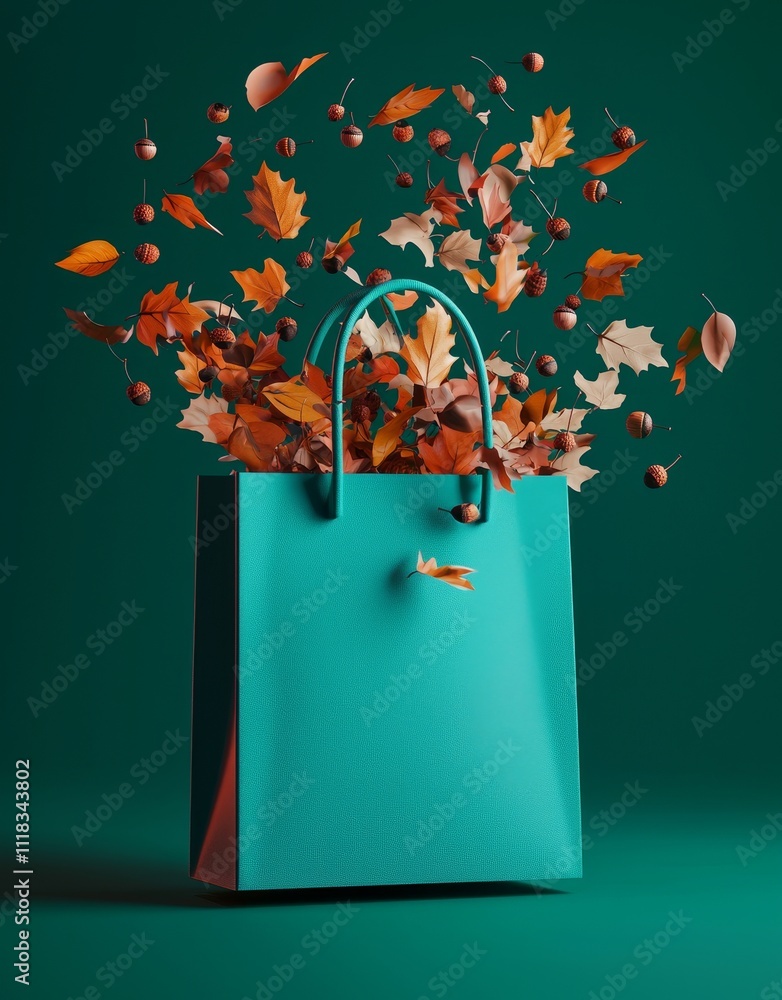 Poster colorful autumn leaves on a teal background with a copy space. 3d rendering, illustration in 3d.