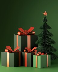 An empty green podium with Christmas paper trees decorations on a green background. 3D rendering.