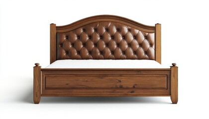 A stylish wooden bed with a tufted leather headboard, offering a blend of comfort and elegance for any bedroom decor.