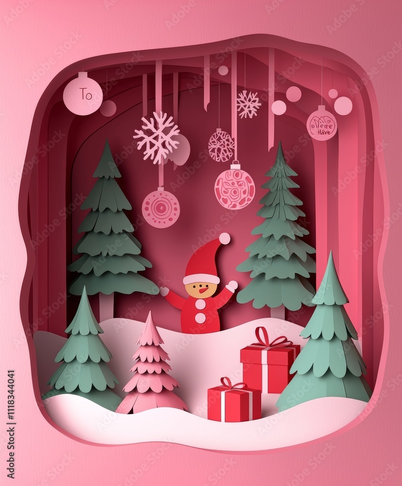Fototapete Merry Christmas greeting card with a background of green paper pine trees and a stage for product presentation. 3D rendering, 3D illustration of a pink background with an empty podium and Christmas