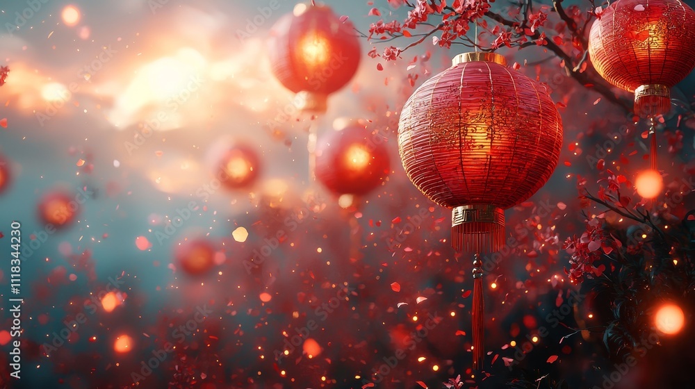 Poster a festive background with red paper lanterns for chinese new year