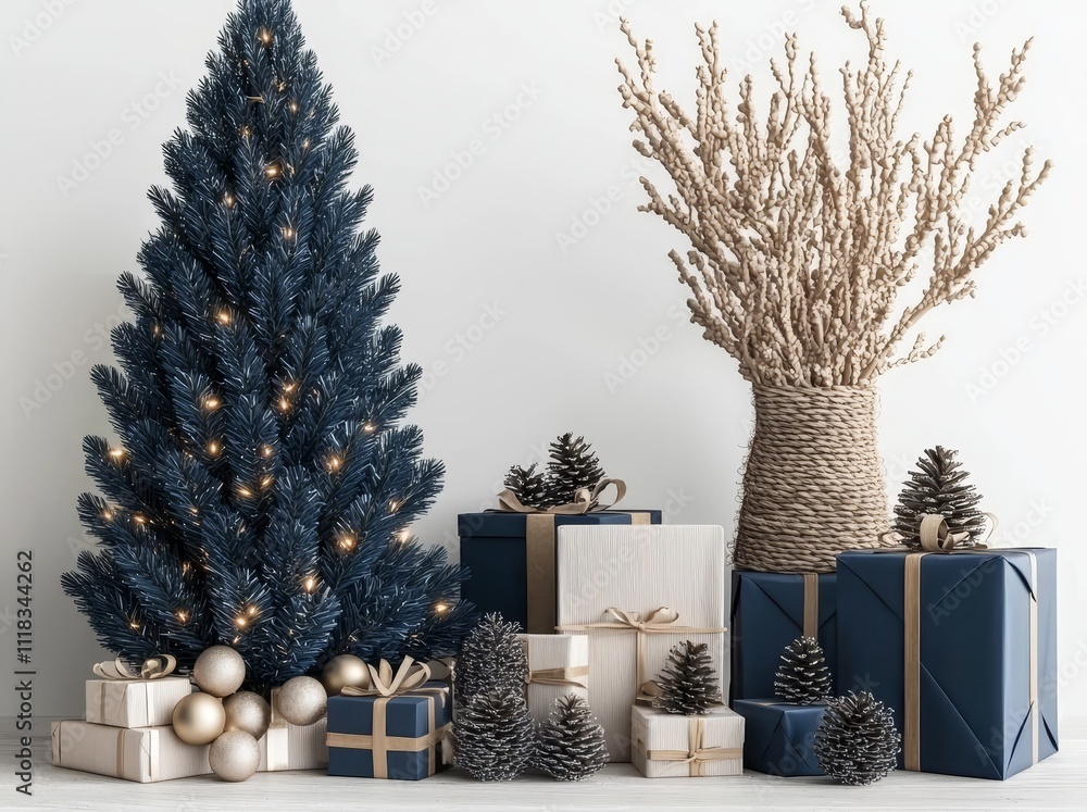 Poster 3d rendering of a variety of christmas pine trees with a gift box and decorations on a light gray ba