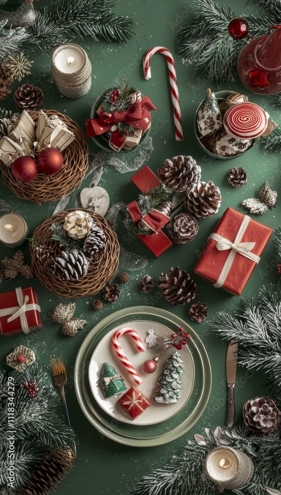 Poster a christmas decoration with a gift box and a copy space on a green background. this is a 3d renderin