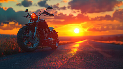 Fototapeta premium Motorcycle parked on a deserted road during sunset with vibrant orange and purple skies