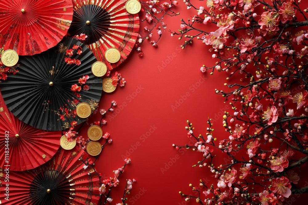 Poster the best way to celebrate chinese new year 2024 with awe-inspiring style. top view flat lay of gold 