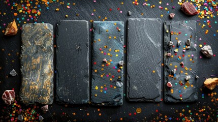 Five blank black slate boards with colorful sprinkles and candy.