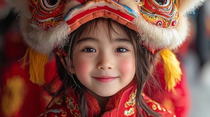 The child in the red jacket smiles at a lion dance costume during Lunar New Year