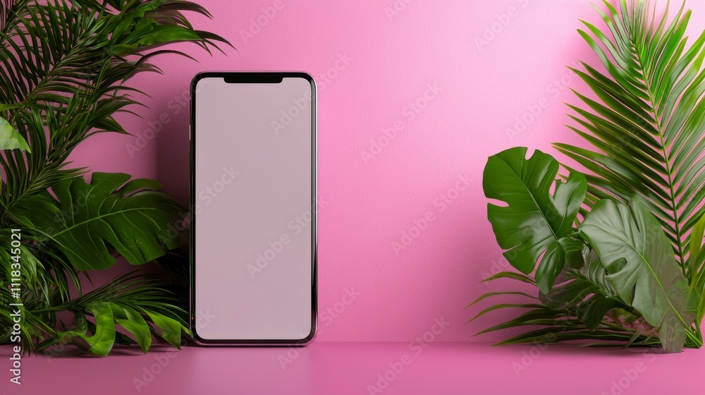 Aufkleber mock-up of a mobile phone with a blank screen on a pink background featuring green palm leaves as a 