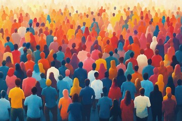 Fototapeta premium Large crowd of diverse people walking together. Silhouettes of individuals in various colors. Community spirit, progress, understanding, unity visualized through crowd. Abstract illustration style