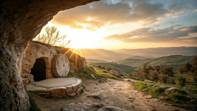 Classic religious scene of an empty tomb with a stone rolled away at sunrise in a hillside setting