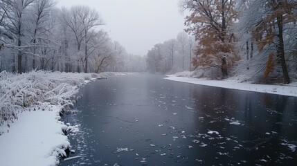 Frozen river in snowy winter forest landscape.