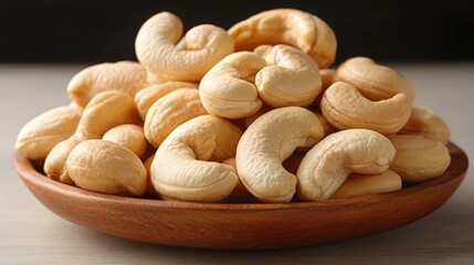 Fresh cashew nuts in wooden bowl, showcasing their unique shape and texture. Perfect for healthy snacking or culinary use