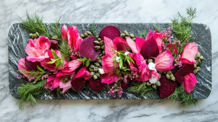 Vibrant Floral Arrangement with Beets and Fresh Herbs on Marble