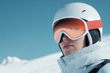 winter sports fashion, a spanish woman in ski gear gazing into the distance, the sun reflecting on snowy slopes, expressing adventure in her eyes text space available