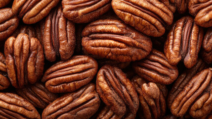Rich, roasted pecans with deep brown color, showcasing their unique texture and natural shine, perfect for snacking or baking