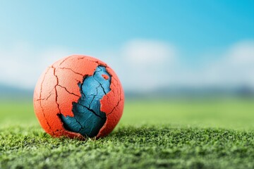 Fototapeta premium A cracked orange ball sits on green grass, symbolizing a blend of sports and environmental themes under a clear blue sky.