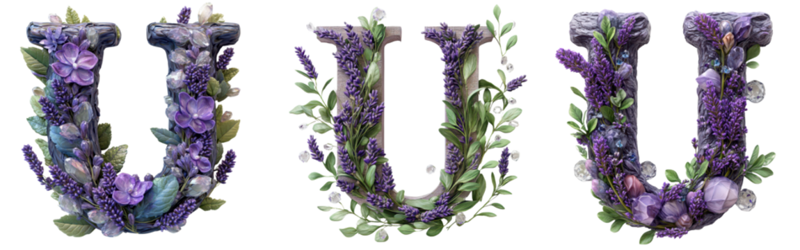 set of purple lavender flower with gem stone Letter U Designs