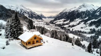 Fototapeta premium A small cabin stands amidst a serene, snow-covered forest, evoking winter tranquility,