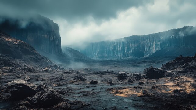 Majestic volcanic landscape with rugged rocky terrain and dramatic cloudy skies