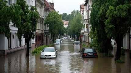 Cars are submerged in water on a main street following a thunderstorm, affecting shops on both sides