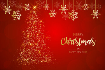 golden lights pine greeting merry christmas and happy new year red background. vector illustration.