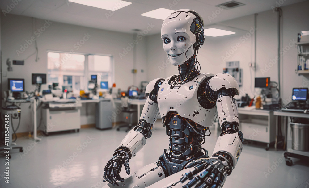 Poster A robot is sitting in a room with a computer monitor. The robot is smiling and he is happy