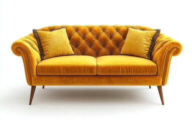 A vibrant yellow tufted sofa with plush cushions, featuring a stylish design and wooden legs,...