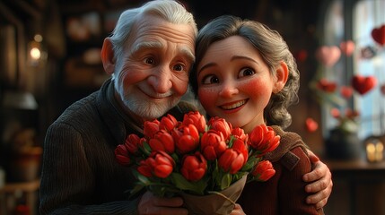 Elderly couple celebrates love with bouquet of red tulips in cozy setting