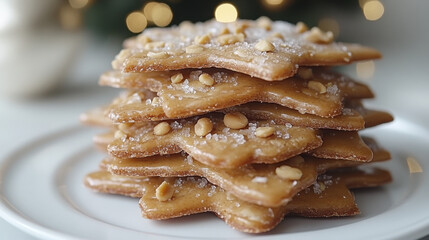 Delicious homemade holiday peanut brittle stacked on white plate, featuring crunchy texture and topped with pine nuts and sugar, perfect for festive celebrations