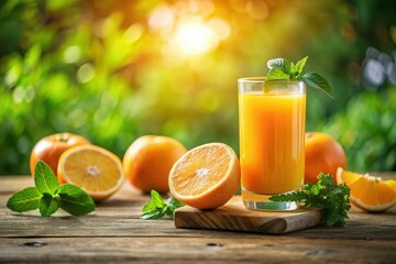 Fototapeta premium Fresh orange juice on wooden table with sunlit background and mint garnish.