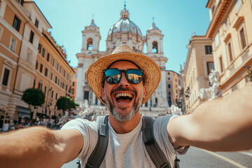 Smiling man takes a cheerful selfie in front of historic architecture in Rome during the day