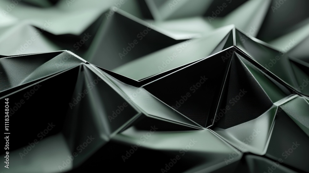 Poster abstract dark green low-poly background with sharp triangular peaks and valleys, creating a textured