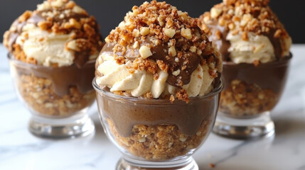 Decadent dessert featuring creamy layers of chocolate and nut toppings, served in elegant glass cups. Perfect for special occasions or indulgent treats