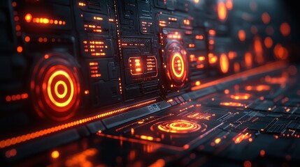 Futuristic orange glowing control panel interface.