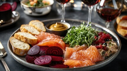 Fresh Salmon Dish with Beets, Greens, and Wine Pairing Delight